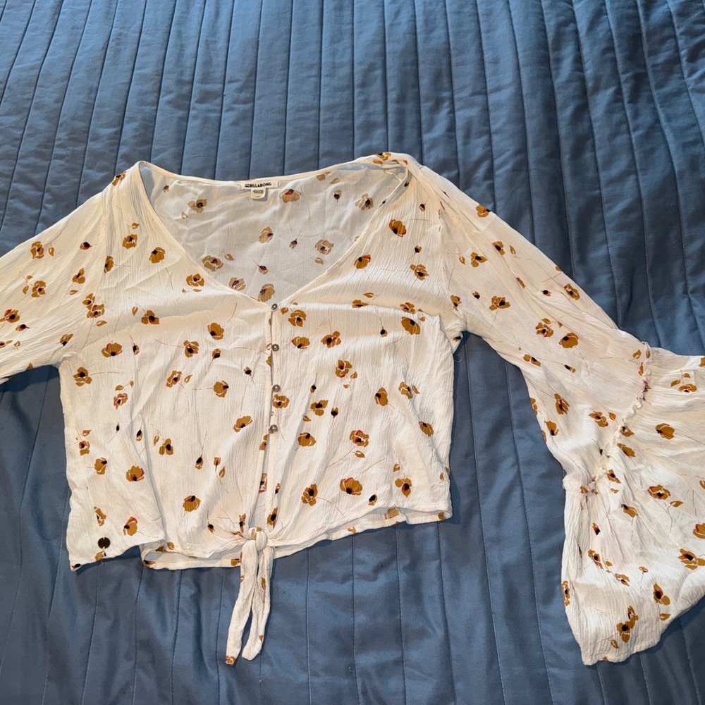 Billabong Blouse Womens Large Floral Bell Sleeve Tie Front Boho Top